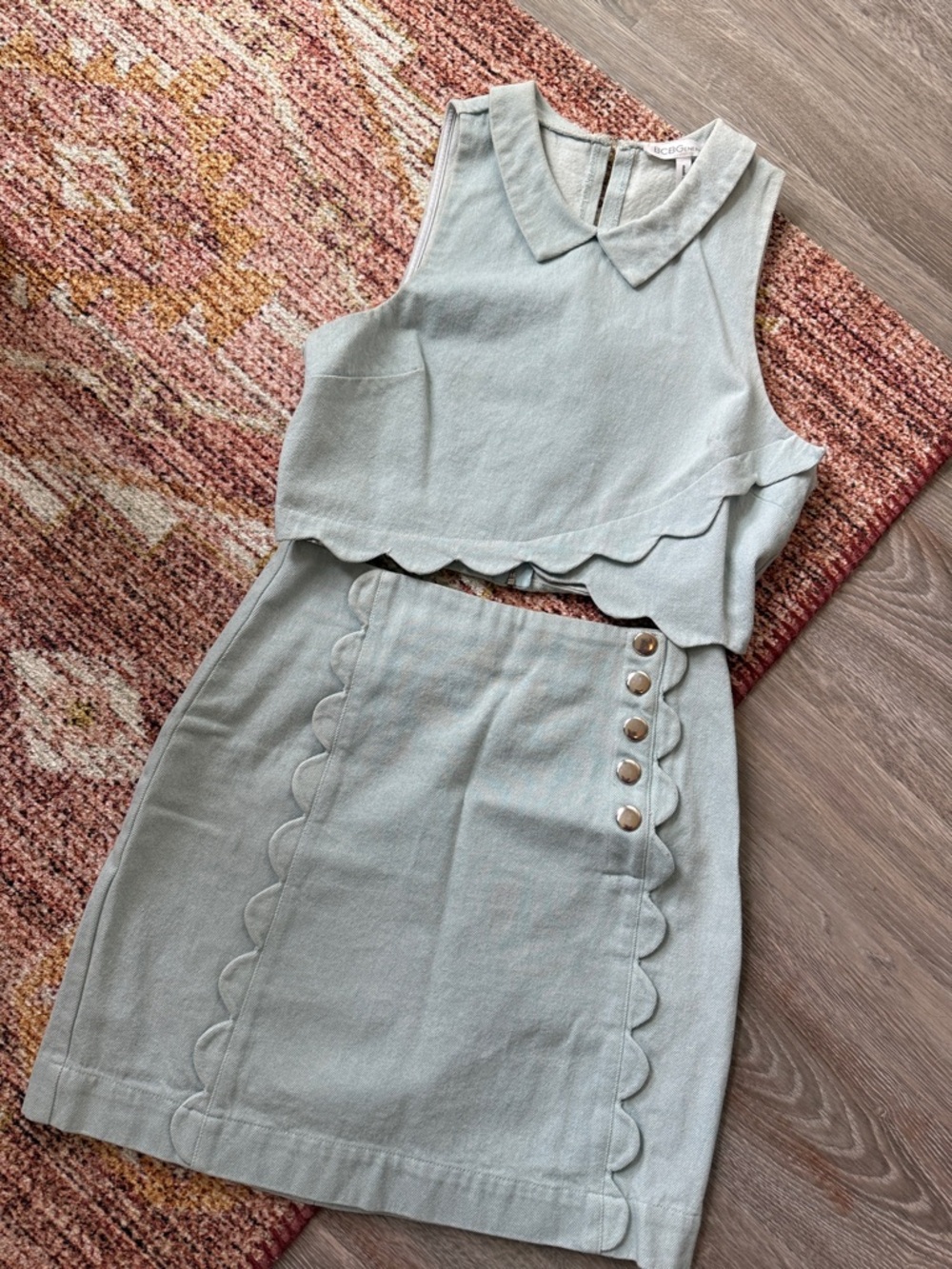 BCBGeneration Denim Wash Scalloped Skirt and Crop Top Set